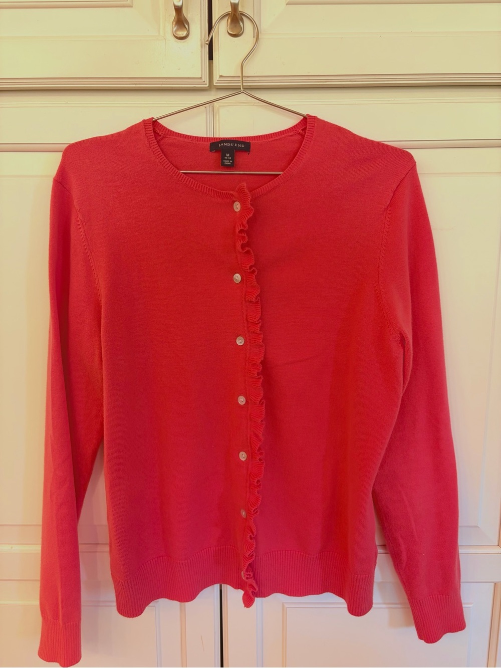 Lands' End Ruffle-Trim Button Cardigan - Coral Red size medium